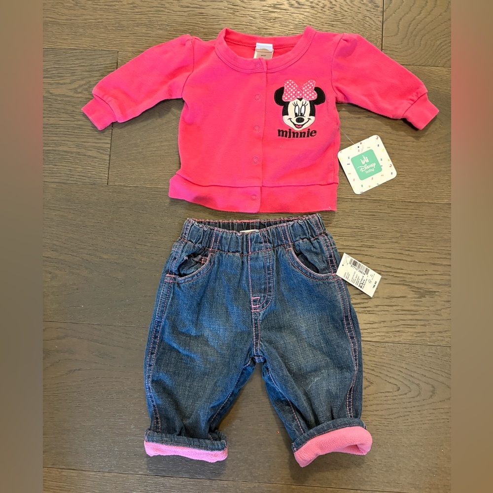 Disney baby girl top &  children’s  place denim jeans 0-3M NWT